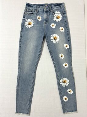 7 For All Mankind High Waist Ankle Skinny Jeans Daisy Painted Size 26